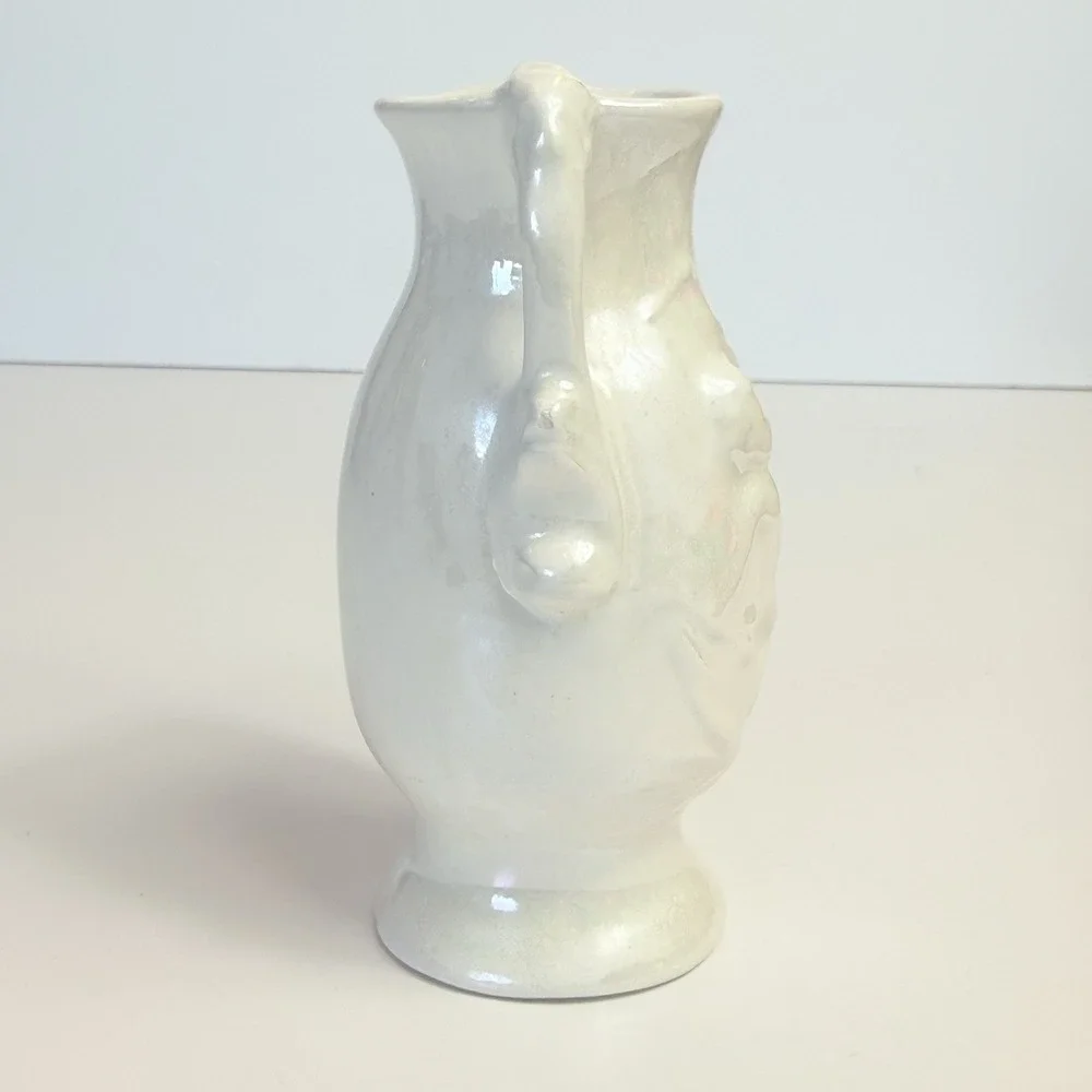 Vintage White Lusterware Cherub Mantle Vase Pair Mid Century Cherubs Set 2
